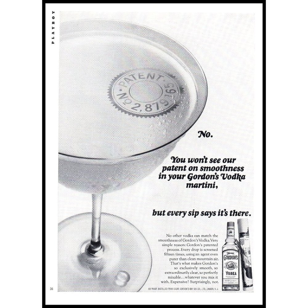 1965 Gordon's Vodka Vintage Print Ad Martini Cocktail Patent Wall Art